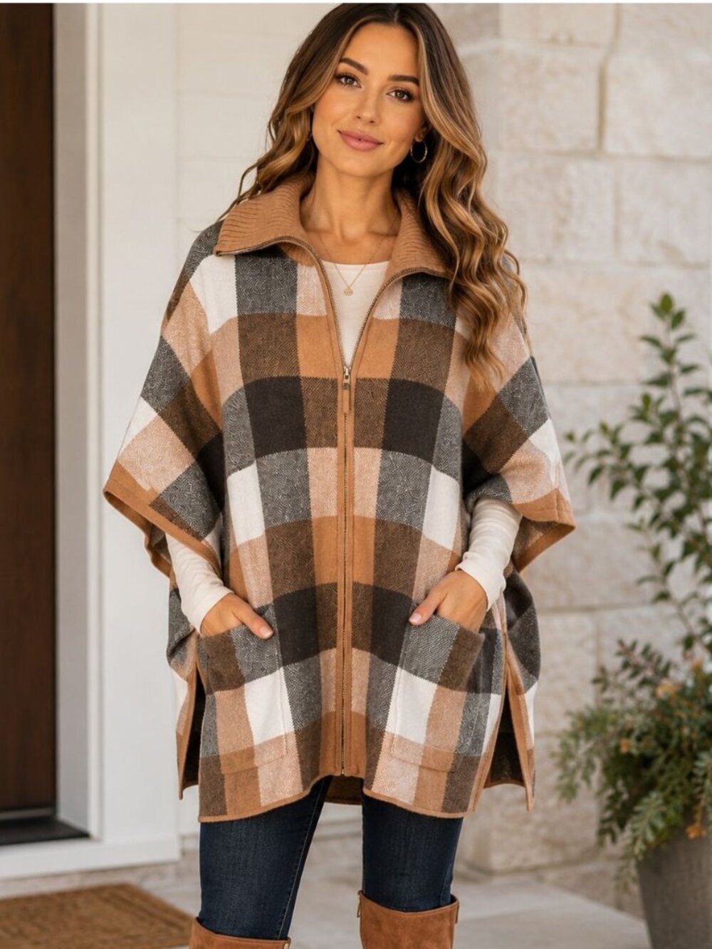 Tahari Plaid Zip Front Poncho Cape Sweater S/M Beige Brown Cream Soft